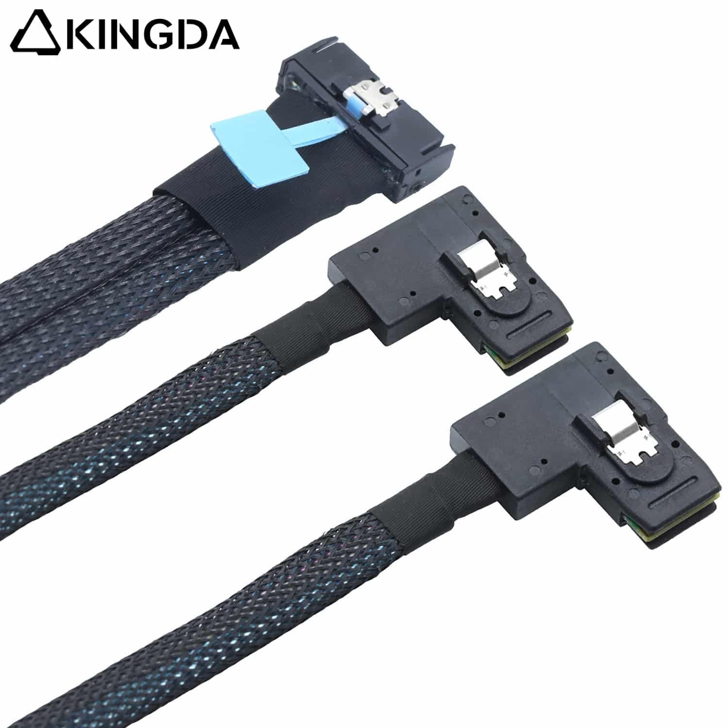 MCIO-8654-8I-to-dual-right-turn-SFF-8087.jpg Slim SAS SFF 8654 MCIO 8I (74P) to dual 2X right turn right bend SFF-8087 PCIE5.0 Data Connection Cable - Image 1