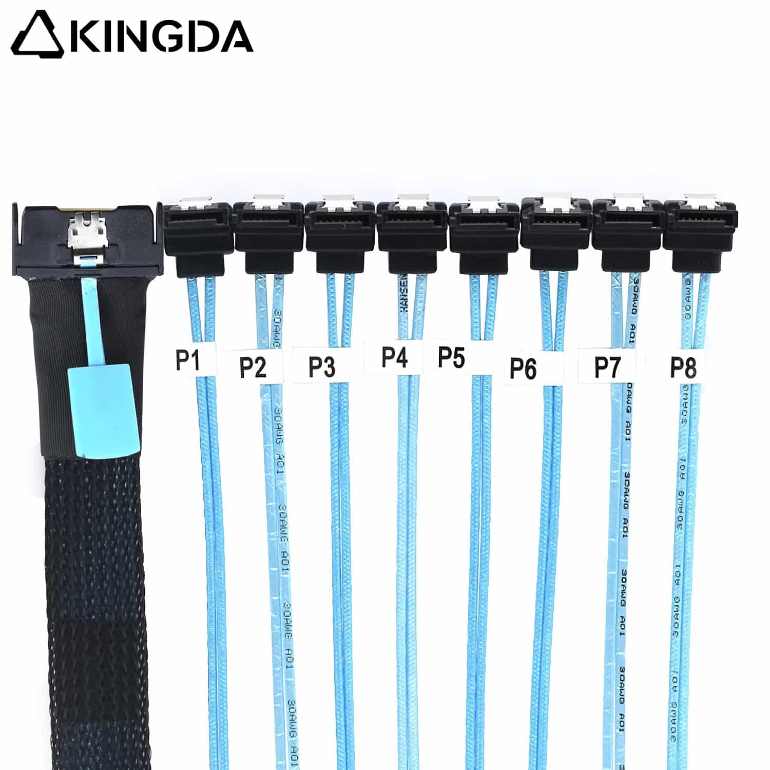 MCIO-8I-74PIN-TO-8-port-90-degree-sata-7p-cable.jpg Slim SAS SFF 8654 MCIO 8I (74P) to 8X right angle SATA 7P PCIE5.0 Data Connection Cable - Image 1